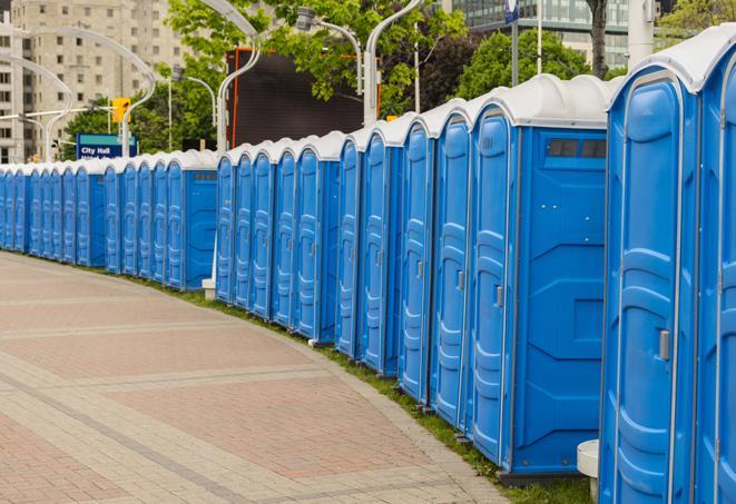 a row of portable restrooms set up for a large athletic event, allowing participants and spectators to easily take care of their needs in Allen Park